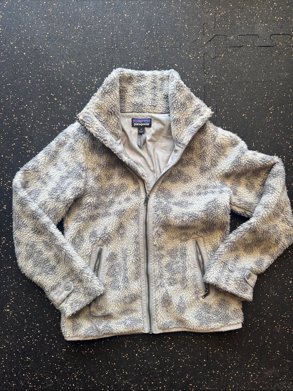 Patagonia Women’s Gray Leopard Teddy Fleece Zip Jacket